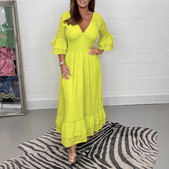 Damen Maxikleid mit floraler Lochstickerei und weiten Ärmeln R&B