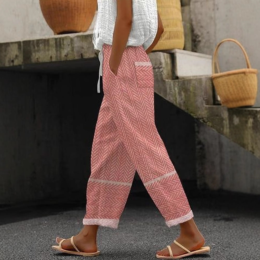 Damen Weite Leinenhose mit handgewtem Muster