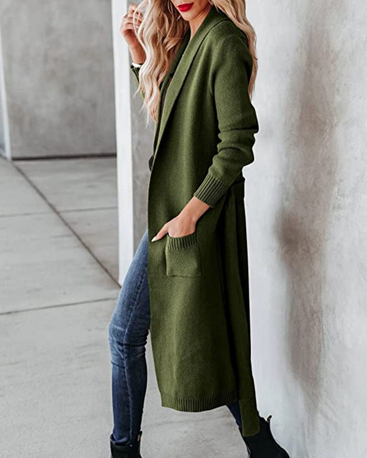 Damen Strickmantel mit Wickeloptik und praktischen Taschen R&B
