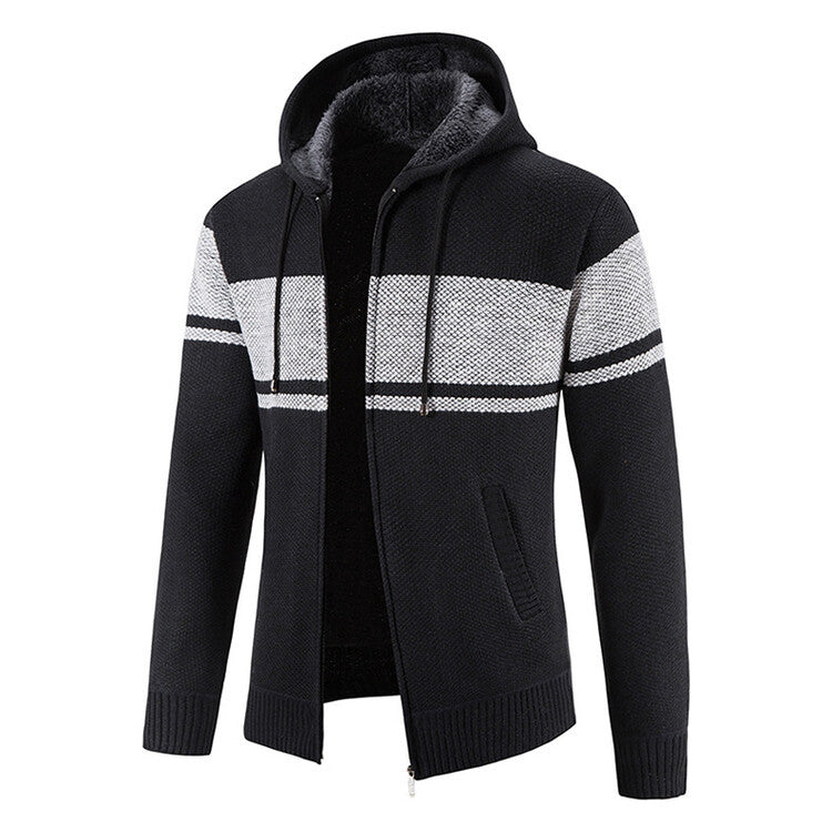 Herren Strickjacke mit Kapuze und kontrastierendem Streifenmuster R&B