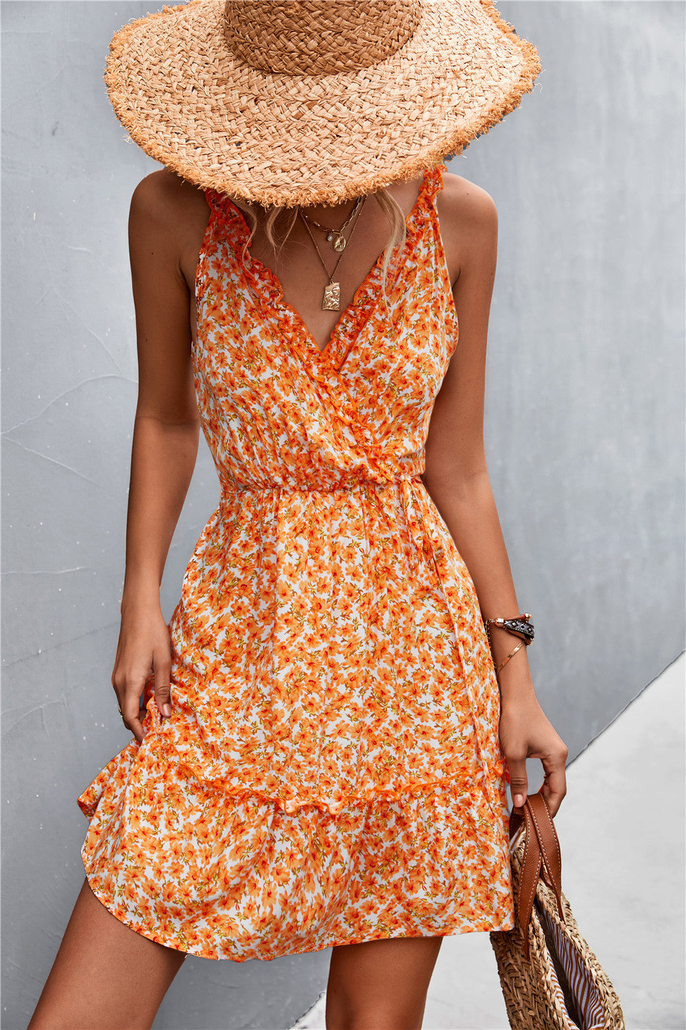 Damen Floral Wickelkleid mit Rüschendetails und elegantem V-Ausschnitt R&B