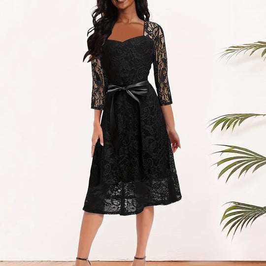Damen Spitzenkleid mit Taillengürtel und eleganten Halbärmeln R&B