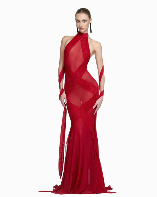 Damen Glamouröses Langarmkleid mit transparenten Einsätzen und raffinierten Drapierungen R&B