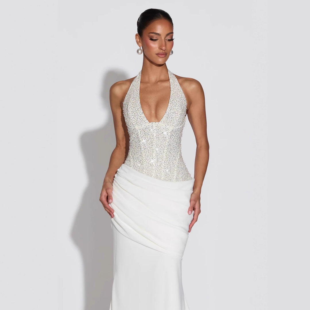 Damen Glamouröses Abendkleid mit tiefem V-Ausschnitt und dekorativen Pailletten R&B