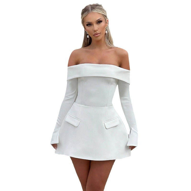 Damen Offshoulder Mini-Kleid mit eleganten Ärmeln und praktischen Taschen R&B