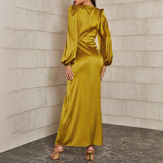 Damen Elegantes Maxikleid mit tiefem V-Ausschnitt und voluminösen Ärmeln R&B