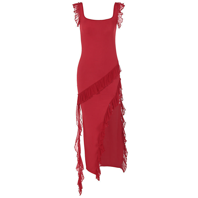 Damen asymmetrisches Maxi-Kleid mit Rüschendetails und hohem Schlitz R&B