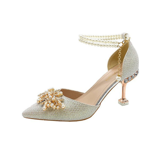 Damen elegante Pumps mit Perlenschmuck und glitzerndem Absatz R&B