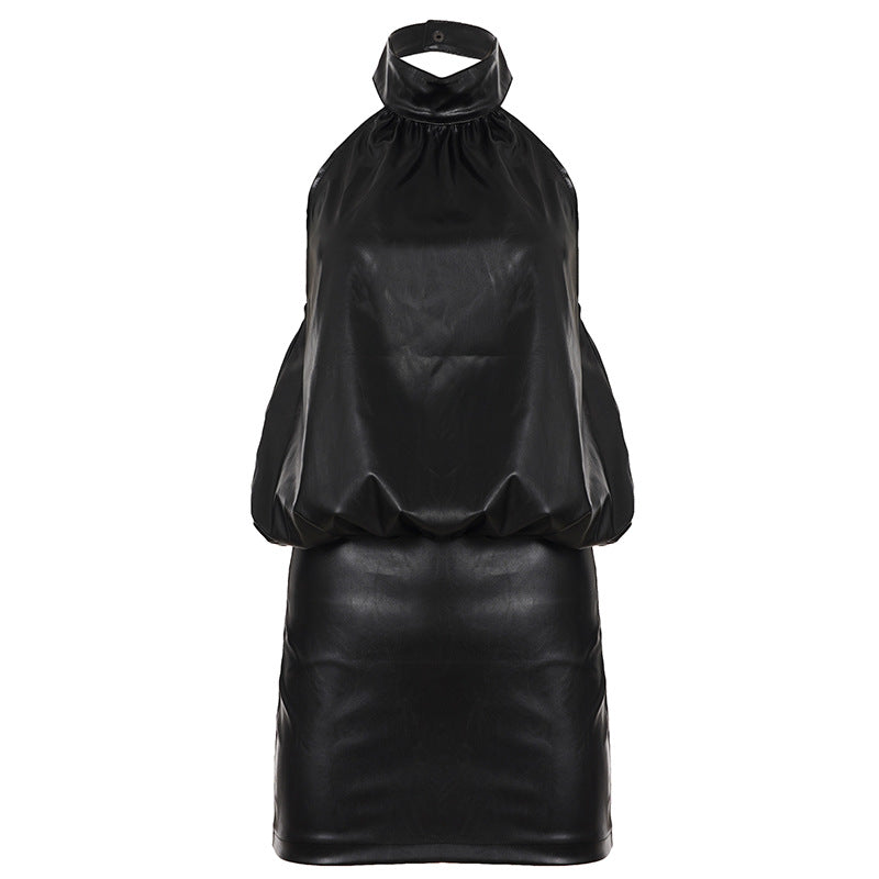 Damen ärmelloses Kunstlederkleid mit modernem Stehkragen R&B