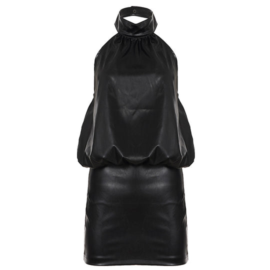 Damen ärmelloses Kunstlederkleid mit modernem Stehkragen R&B