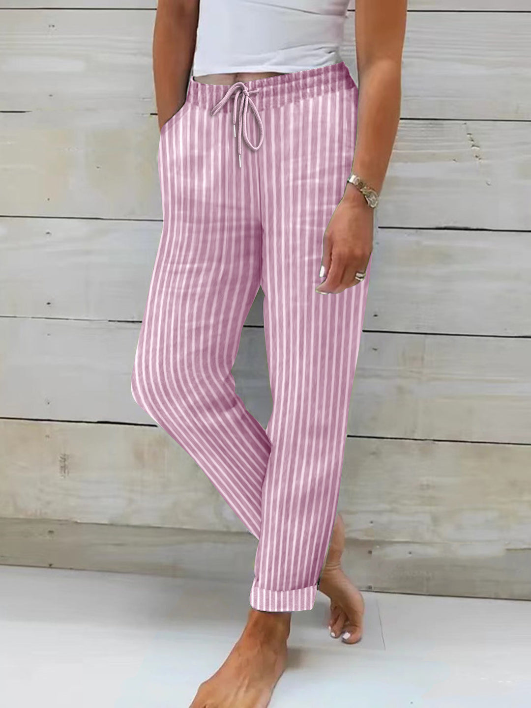Damen entspannte Baumwoll-Streifenhose mit verstellbarem Bund R&B