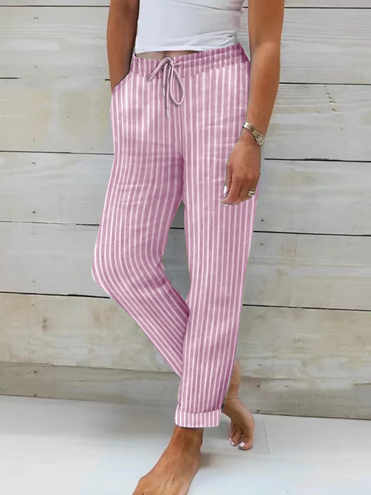 Damen entspannte Baumwoll-Streifenhose mit verstellbarem Bund R&B