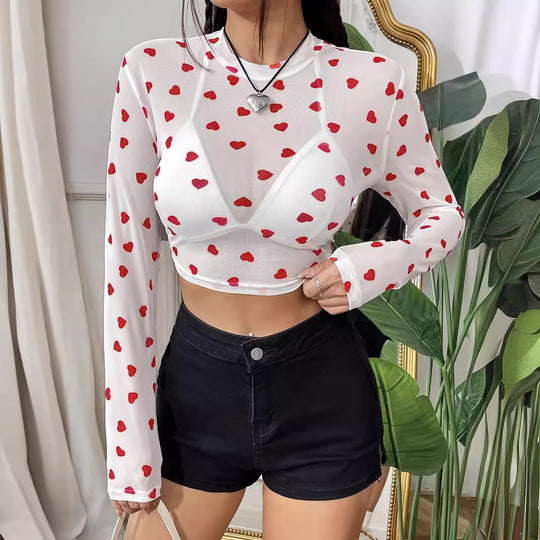 Damen Langarm-Crop-Top mit herzförmigem Design und transparentem Stoff R&B