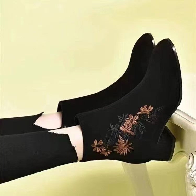 Damen Elegante Stiefeletten mit floraler Stickerei und modischem Blockabsatz