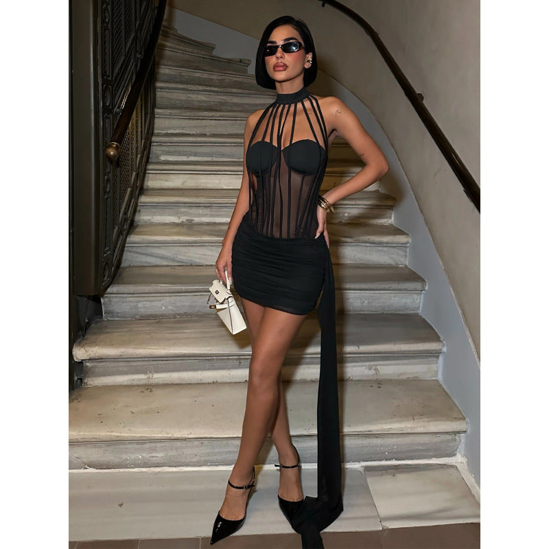Damen Sexy Bodycon Kleid mit transparenten Details und Schnürung R&B