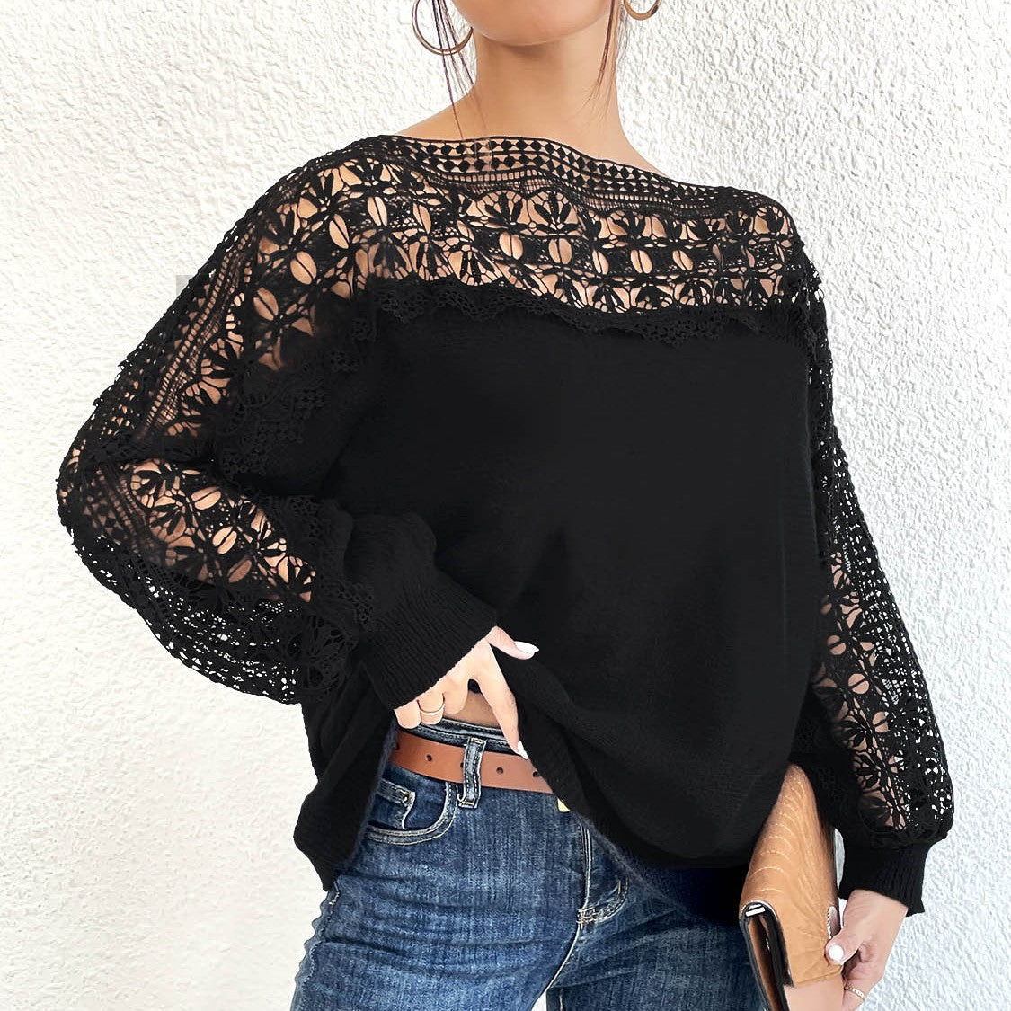 Damen lässiger Pullover mit einzigartigem Häkel-Ausschnitt R&B