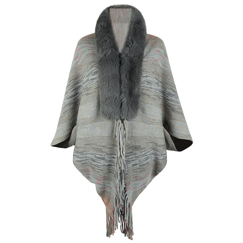 Damen eleganter Poncho mit luxuriösem Kunstfellkragen und fransigem Saum R&B