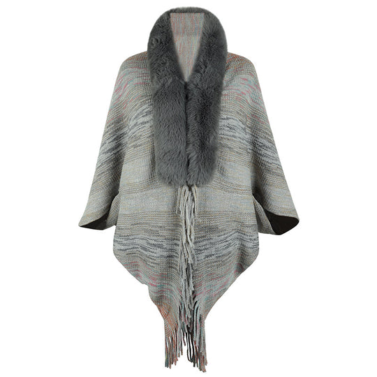 Damen eleganter Poncho mit luxuriösem Kunstfellkragen und fransigem Saum R&B