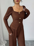 Damen nan tailliertes Blusen- und Hosen-Set aus Crinkle-Plissee mit Puffärmeln und Zierknöpfen R&B