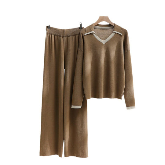 Damen gemütliches Strick-Loungewear-Set mit kontrastierendem Kragen und weitem Bein R&B