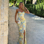 Damen figurbetontes Maxikleid mit floralem Muster und sexy Schlitz R&B