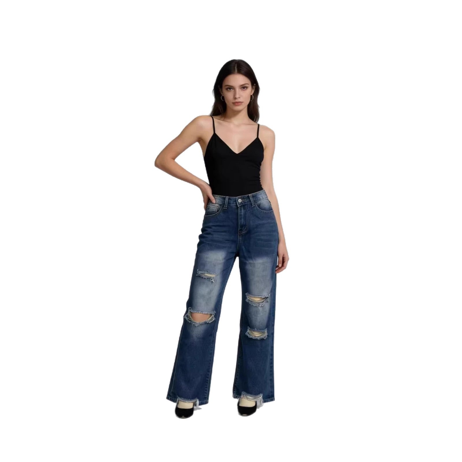 Damen Weite Ripped Jeans mit hohem Bund
