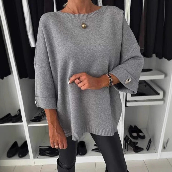 Damen lässiges Strickoberteil mit weiten Ärmeln und dekorativen Knöpfen R&B
