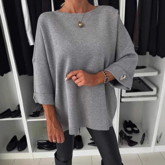 Damen lässiges Strickoberteil mit weiten Ärmeln und dekorativen Knöpfen R&B