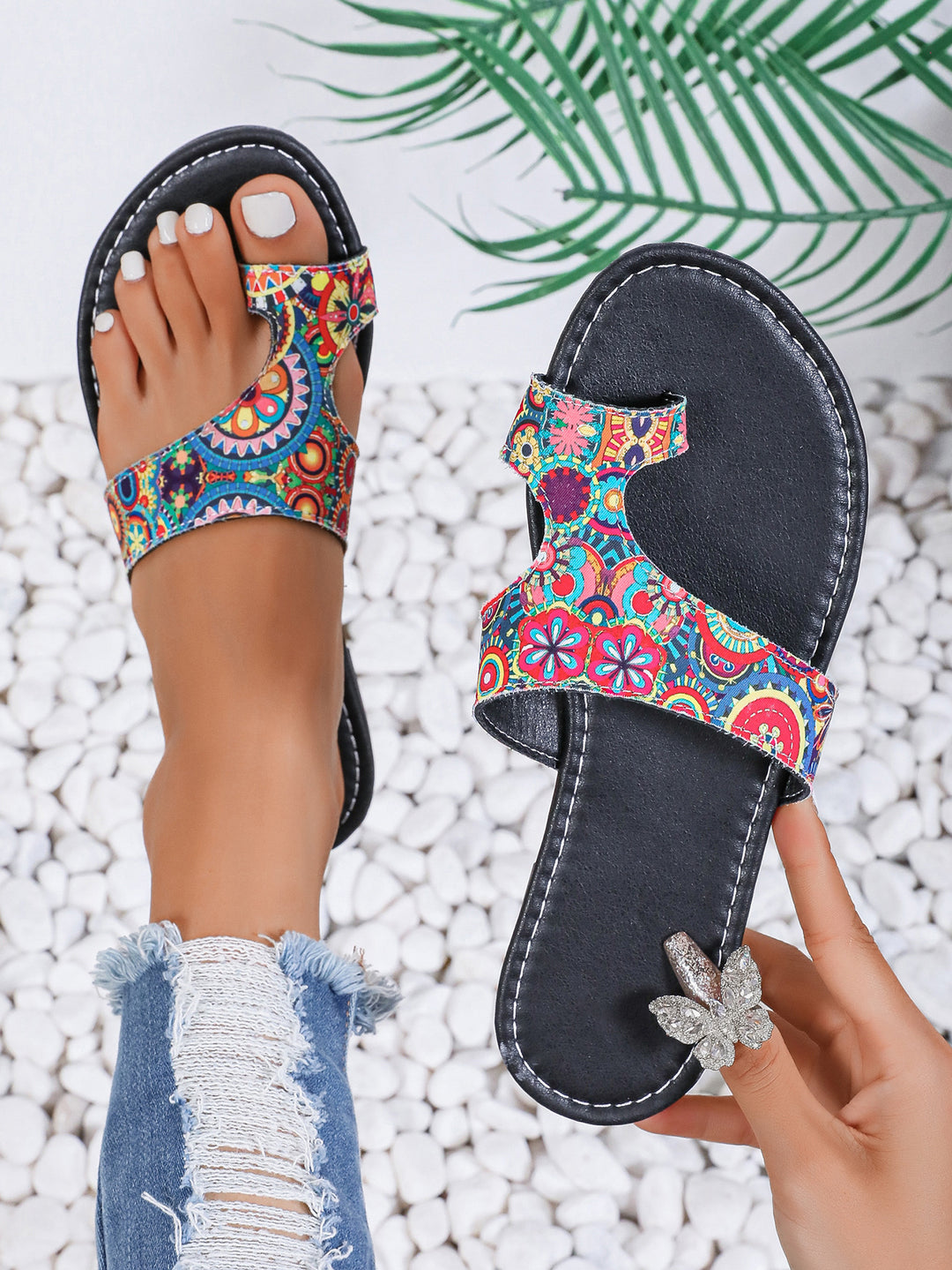 Damen Riemchen-Pantoletten mit buntem Design und komfortabler Sohle R&B