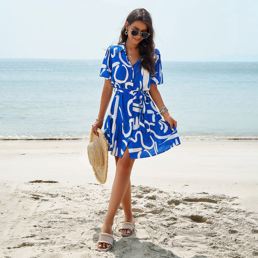 Damen Sommerliches Kleid mit Wellenmuster und Taillengürtel R&B