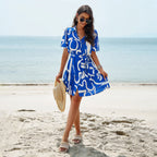 Damen Sommerliches Kleid mit Wellenmuster und Taillengürtel R&B