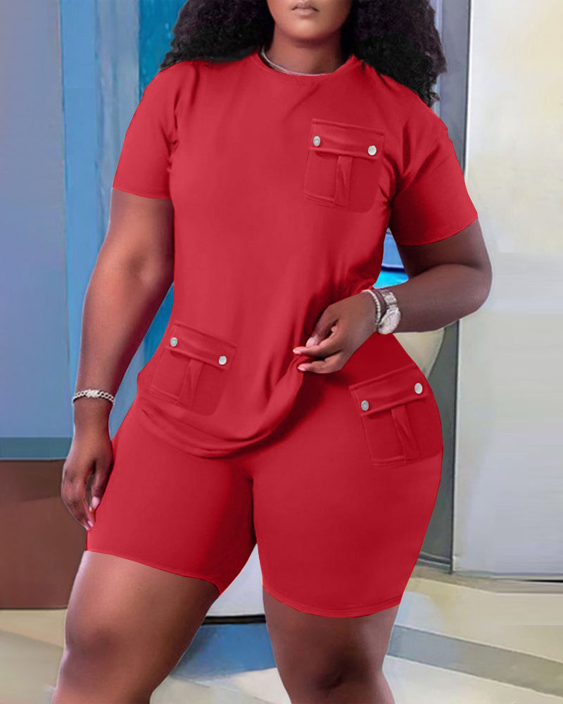 Damen Sportliches Oberteil und Shorts Set mit praktischen Taschen R&B