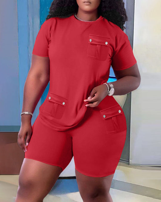 Damen Sportliches Oberteil und Shorts Set mit praktischen Taschen R&B