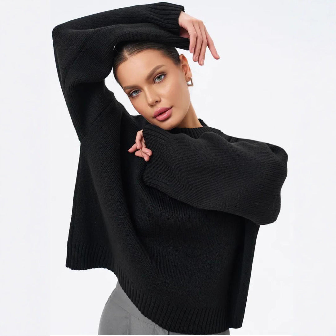 Damen gemütlicher Cropped-Pullover mit lässigen Ballonärmel und Rippstruktur R&B