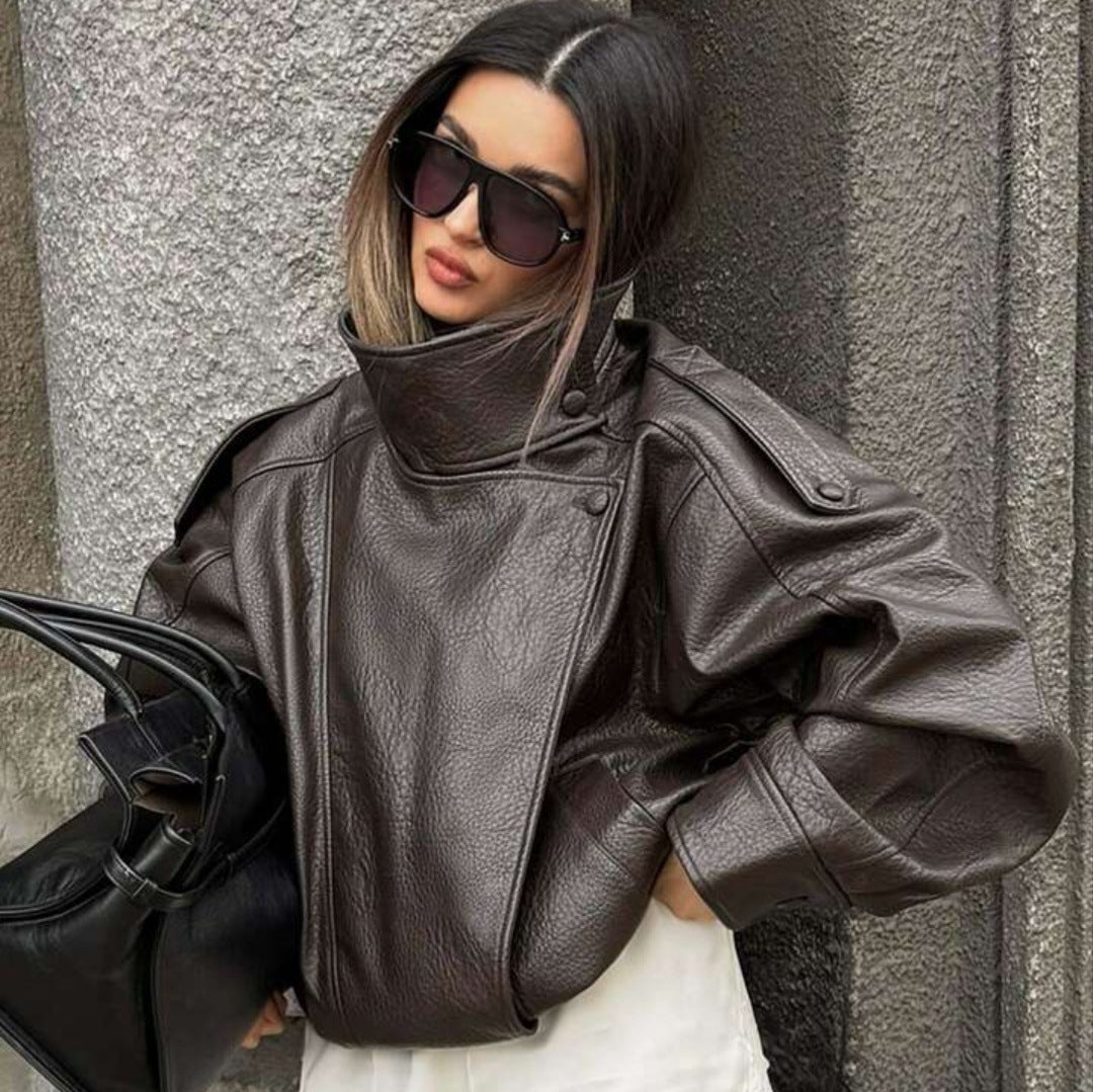 Damen nan oversized Bikerjacke Kunstlederoptik mit hohem Stehkragen, asymmetrischer Druckknopffront, Schulterriegeln und elastischem Saum R&B