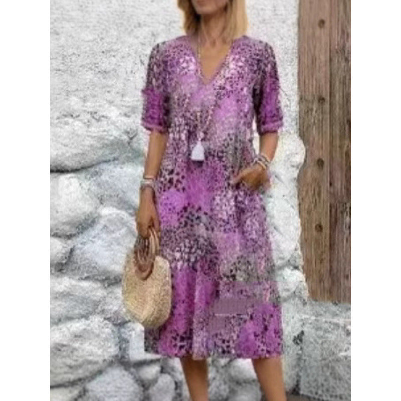 Damen Strandkleid im lässigen Stil mit Taschen und V-Ausschnitt R&B