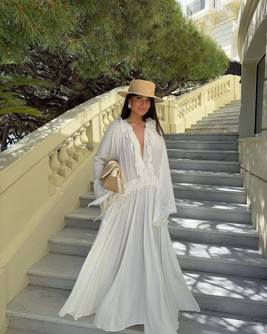 Damen Maxi-Kleid mit elegantem Rüschendesign und tiefem V-Ausschnitt R&B