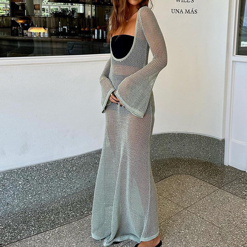 Damen transparentes Strandkleid aus Netzmaterial mit weitem Schnitt und offenen Ärmeln R&B