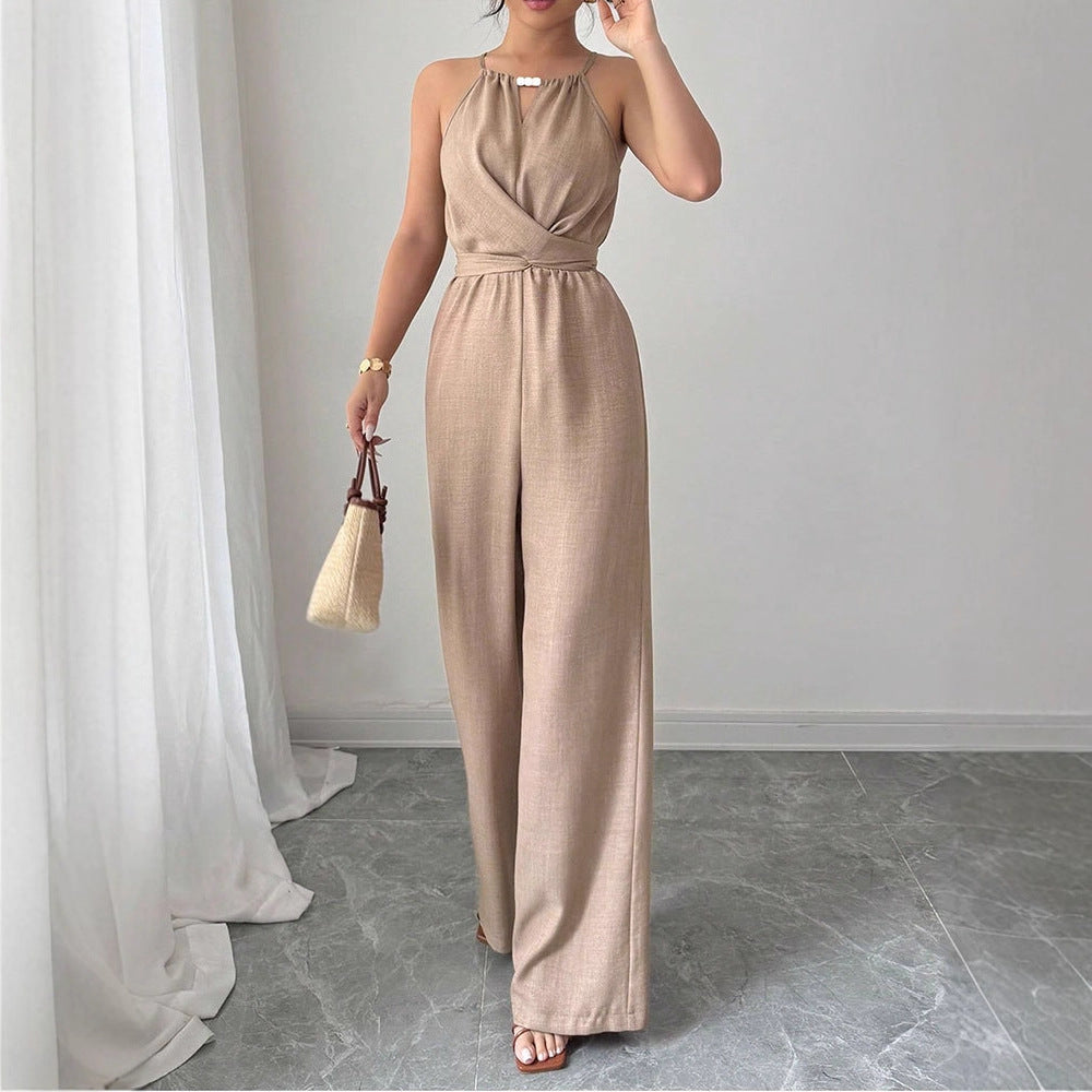 Damen bodenlanger Jumpsuit mit raffiniertem Wickeldesign und eleganter Bundnaht EB
