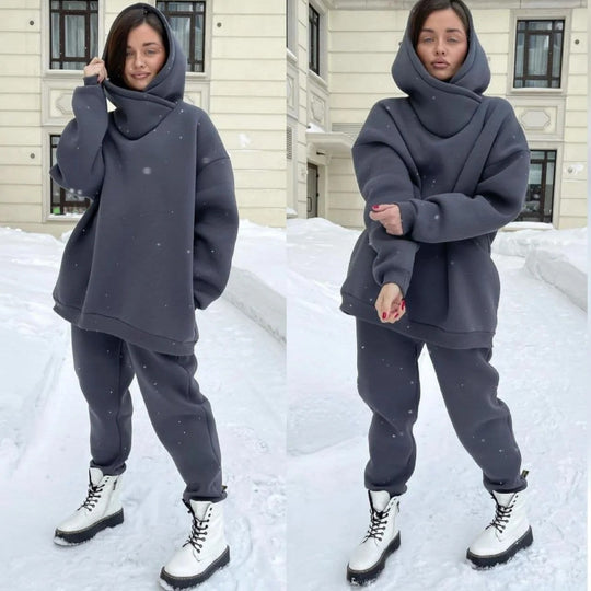 Damen kuscheliges Oversized-Sweat-Set mit hohem Kragen und sportlichem Design R&B