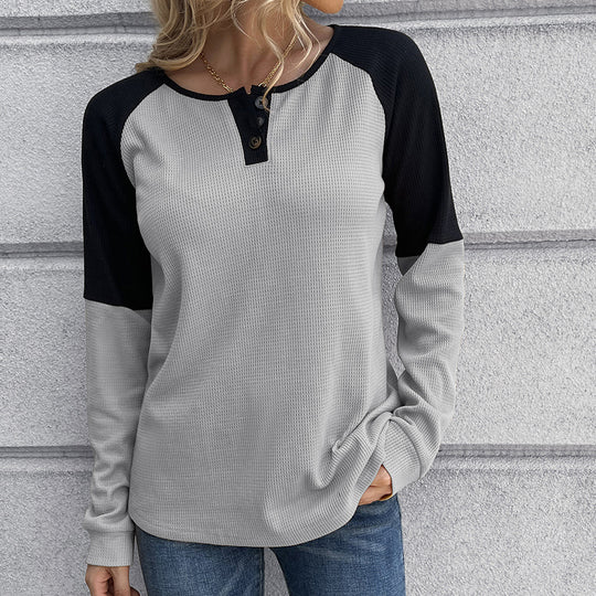Damen lässiges Henley-Shirt aus Waffelstoff mit kontrastierenden Ärmel-Design R&B