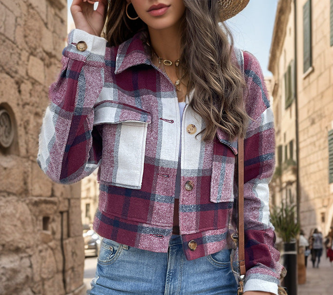 Damen Karierte Baumwolljacke mit modischem Schnitt und Taschen R&B