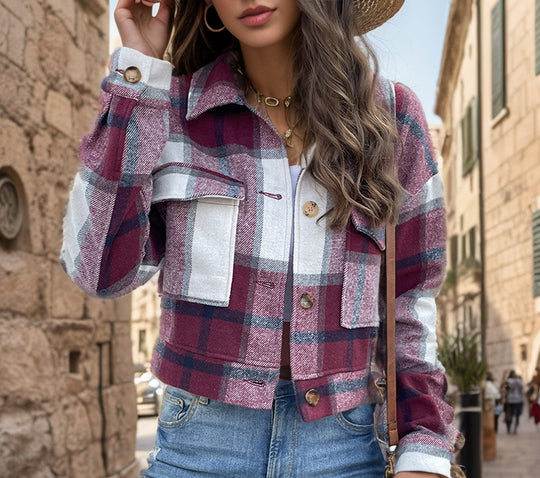Damen Karierte Baumwolljacke mit modischem Schnitt und Taschen R&B