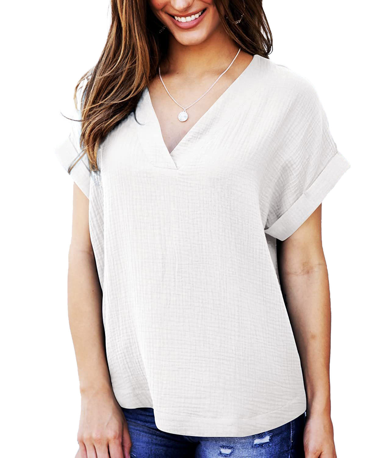 Damen lässiges V-Ausschnitt T-Shirt mit luftiger Passform und umgeschlagenen Ärmeln R&B