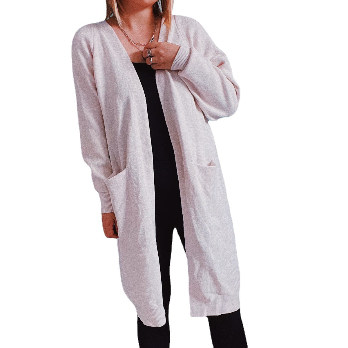 Damen lässige Strickjacke mit tiefem Schnitt und praktischen Taschen R&B