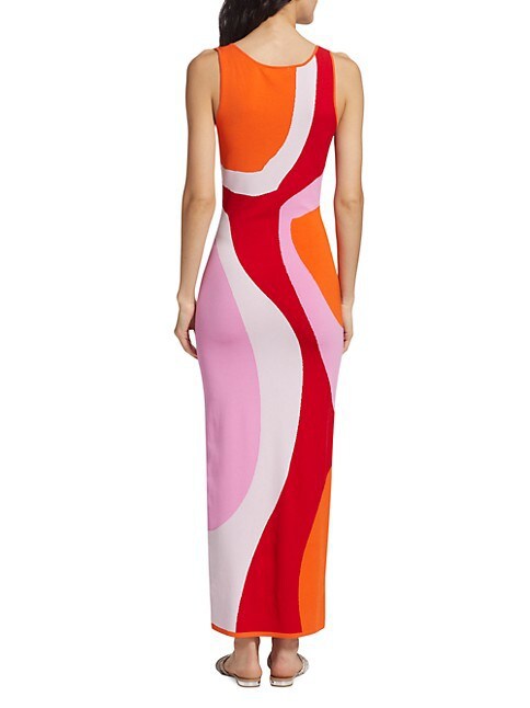 Damen langes figurbetontes Kleid mit quadratischem Ausschnitt und farbenfrohem Muster R&B