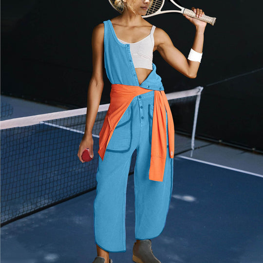 Damen sportlicher Jumpsuit mit asymmetrischem Schnitt und praktischem Knopfdetail R&B
