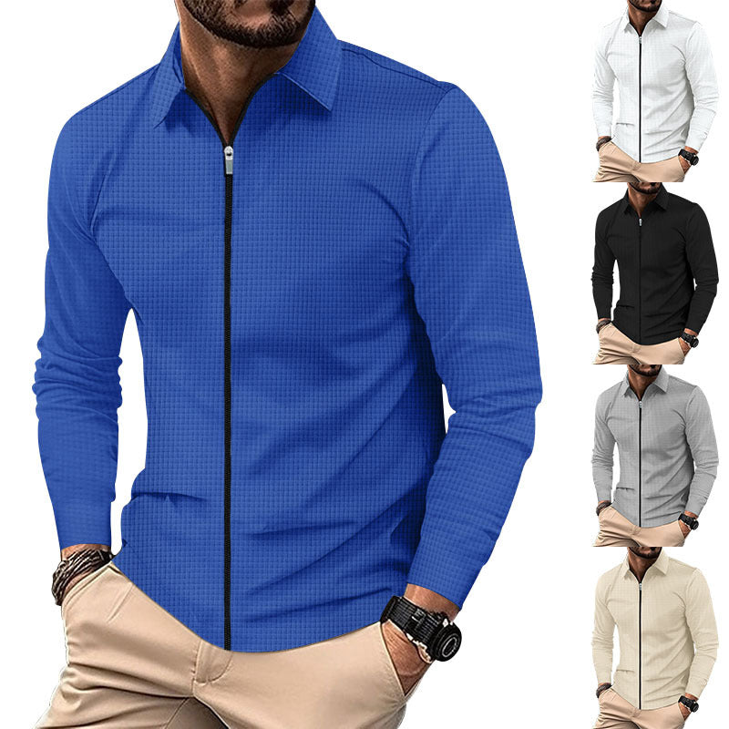 Herren nan strukturiertes Langarm-Polo aus Waffelstrick mit Hemdkragen und schmaler Schulterpartie R&B