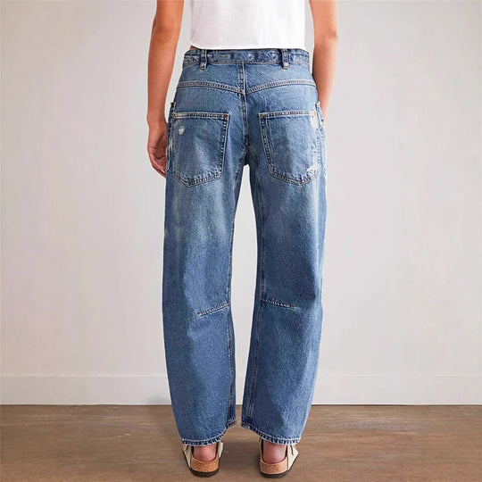 Damen weit geschnittene Jeans mit kreativen Taschen und Destroyed-Details R&B