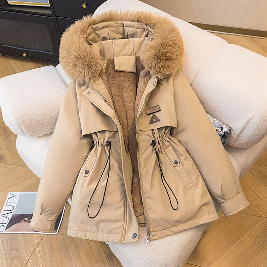Damen warme Parkajacke mit abnehmbarem Kunstfellkragen und praktischen Taschen R&B